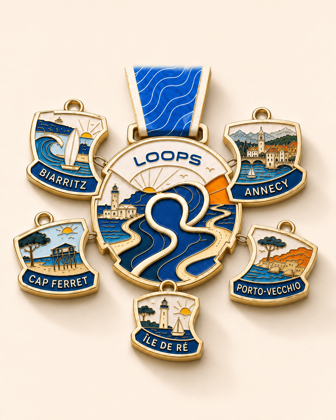 Concept de la médaille collector Loops avec ses badges de destinations